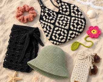Beginner Crochet Beach Set Pattern Bundle (Tote Bag, Sarong, Sun Hat) (PDF Download)