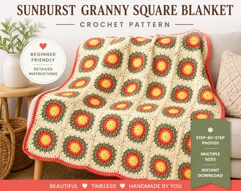 Sunburst Granny Square Crochet Blanket Pattern | Beginner Retro Floral Throw (PDF Download)