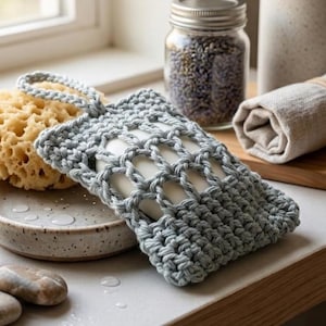 May include: A gray crocheted soap saver bag with a bar of white soap inside. A natural sponge and a small ceramic dish are next to the bag. A jar of lavender and a rolled-up towel are in the background. The items are on a wooden surface.