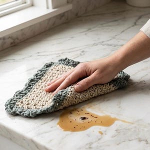May include: A beige and gray crocheted washcloth is used to wipe up a coffee spill on a marble countertop. The washcloth has a decorative edge and is being held by a person's hand. The countertop is near a window.