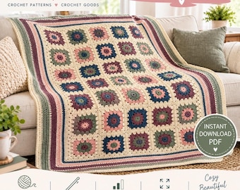 Crochet Granny Square Afghan Pattern, Floral Cottagecore Design (PDF Download)