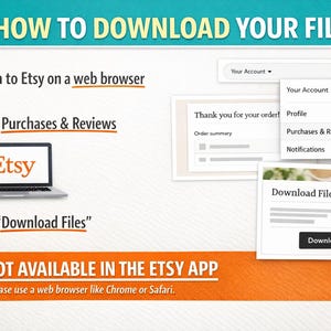 May include: An instructional graphic titled HOW TO DOWNLOAD YOUR FILES. It outlines three steps: log in to Etsy on a web browser, go to Purchases & Reviews, and click Download Files. It includes a warning: NOT AVAILABLE IN THE ETSY APP.