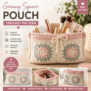 Granny Square Pouch Crochet Pattern – Cottagecore Floral Drawstring Bag (PDF Download)