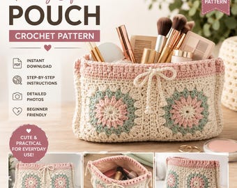 Granny Square Pouch Crochet Pattern – Cottagecore Floral Drawstring Bag (PDF Download)