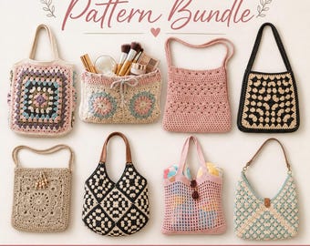 8 Crochet Bag Pattern Bundle, Tote, Shoulder, Granny-Square Designs (PDF Download)