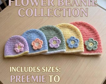 Baby Hat Crochet Pattern | Beginner Friendly, Preemie to Toddler Sizes Flower Beanie (PDF Download)