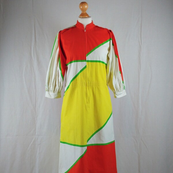 Vintage 1960/70s Vuokko Lemon & Orange Oversized Balloon Sleeve Cotton Print Dress