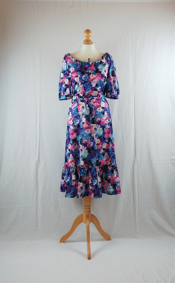 blue floral ruffle tea dress
