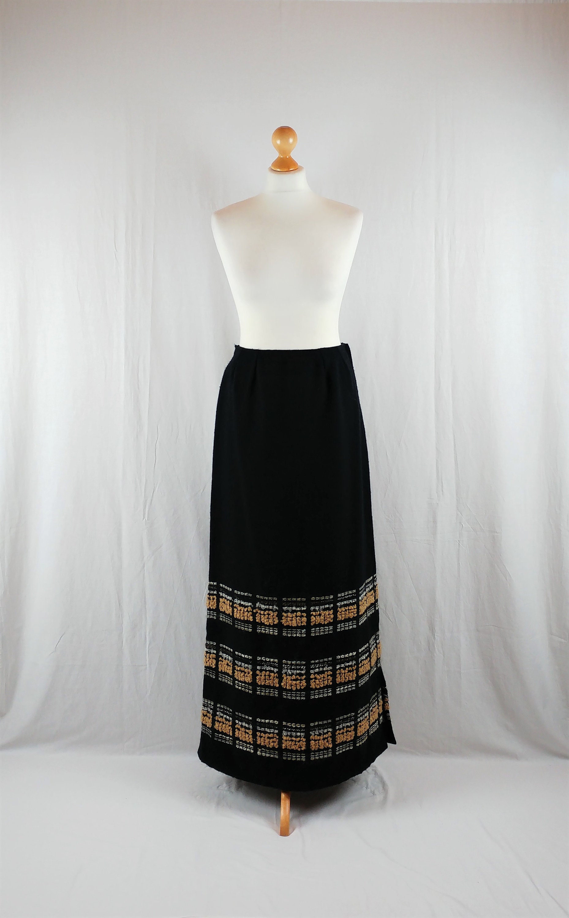 Image of Finnish Vintage Arola S Black & Caramel Wool Peasant Maxi Skirt