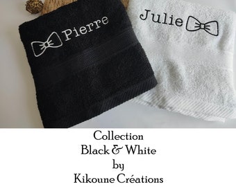 Duo de serviette de toilette noire & blanche avec broderie personnalisé 50 par 100 cm, 450gr/m2, idée cadeau pour un couple.