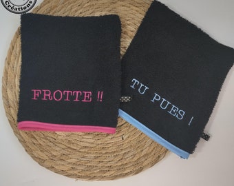 Gant de toilette brodé humoristique : Frotte tu pues !