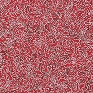 May include: A red fabric with a white floral pattern. The pattern is a repeating design of small, intricate flowers and leaves.