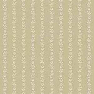 May include: A repeating pattern of vertical stripes with a beige background and white floral-like designs. The pattern is symmetrical, with each stripe containing a series of small, stylized floral elements. The overall effect is a textured, decorative design.