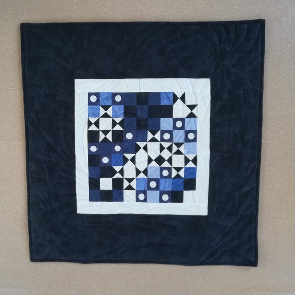 Patchwork, tableau mural contemporain, étoiles en bleu, blanc , 100% coton, 80 cm x 80 cm, REF C BLEU