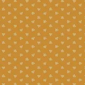 Puede incluir: Tela de color mostaza con un patrón repetido de pequeñas ramitas florales blanquecinas. Las ramitas están espaciadas uniformemente, creando un diseño consistente. La tela tiene una textura suave y un color cálido y acogedor.