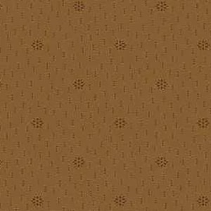 May include: A repeating pattern of small, dark brown floral shapes and vertical lines on a solid, medium brown background. The design has a textured appearance, creating a subtle, all-over pattern. This textile design could be used for fabric or wallpaper.