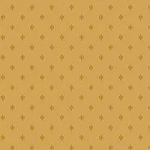 May include: A repeating pattern of small, vertical, gold-coloured dashes on a mustard-yellow background. The dashes are evenly spaced, creating a textured appearance, suitable for fabric or wallpaper.