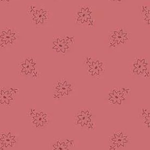 May include: A repeating pattern of small, stylized flowers in a muted, dusty rose colour. The flowers are outlined in a darker shade of the same colour, creating a subtle contrast. The design is simple and delicate, suitable for fabric or wallpaper.