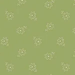 May include: A seamless pattern featuring small, white daisy-like flowers scattered across a light green background. The flowers have simple, sketched outlines and are arranged in a random, all-over design. This fabric design is suitable for various craft projects.