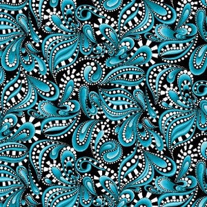 Tela patchwork, 100% algodón, espirales, azul turquesa, blanco, fondo negro, REF XANADU