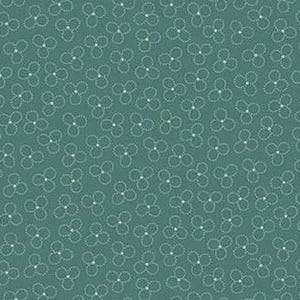 May include: Teal fabric featuring a repeating pattern of white, three-leaf clover-like shapes. The clovers are outlined with small, dotted lines, creating a delicate texture. The fabric has a consistent, all-over design.