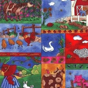 Patchwork fabric, multi-colored, small country farm scenes, characters and animals, 100% cotton, REF SUZIE/FARM