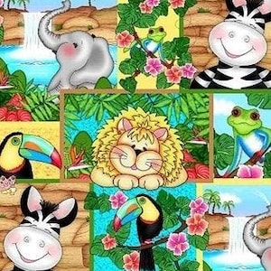 Patchworkstoff, tropische naive Tiere, mehrfarbig, Patchwork-Stil, 100 % Baumwolle, REF BAZOOPLES/M