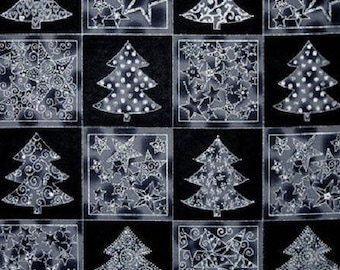 Panneau, tissu patchwork, 0.60 cm, Stof, sapins, étoiles de noël, noir et gris, liseré argenté, carré  15cm x 15cm, 100% coton, REF  4595960