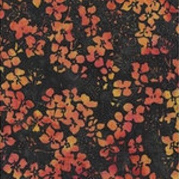 Tissu patchwork, batik, fleurs jaunes et oranges,  fond noir, 100% coton, REF  KF05G2