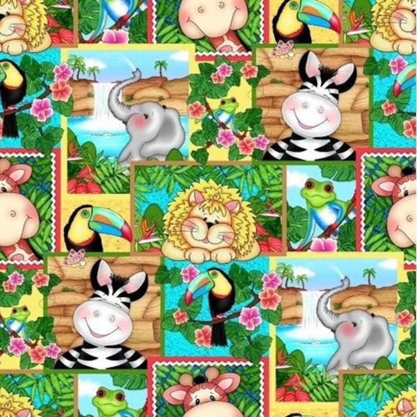 Patchwork fabric, tropical naïve animals, multicolored color, patchwork style, 100% cotton, REF BAZOOPLES/M