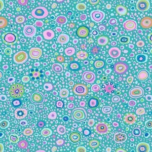 May include: A teal fabric featuring a repeating pattern of colourful, abstract circles and dots. The circles are in shades of pink, orange, green, blue, and purple, with white and teal accents. The design is whimsical and playful, suitable for various craft projects.