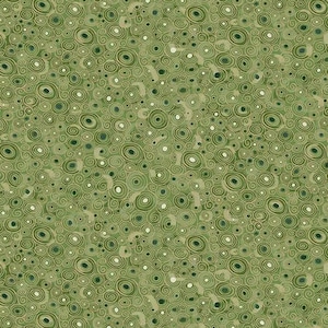 May include: An abstract pattern featuring a repeating design of green and olive-toned swirls and circles. The design incorporates various sizes and shades, giving a textured, organic look. Small white dots are scattered throughout the pattern, adding contrast.