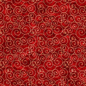 Peut inclure: Tissu rouge avec un motif répétitif de volutes dorées.