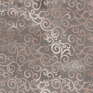 Può includere: Uno schema senza cuciture con un motivo ripetitivo di motivi floreali stilizzati a spirale di colore oro rosa su uno sfondo grigio.