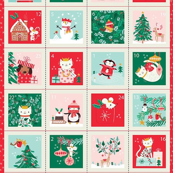 Calendrier de l'Avent, tissu patchwork, 100% coton, scènes naïves de Noël avec animaux, coloris multicolore, 45 cm x 80 cm, REF  NOEL/ANI