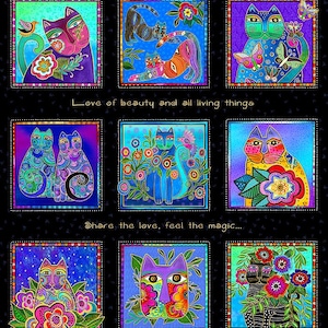 May include: A colorful collage of nine square images featuring whimsical cats with bright colors and floral patterns. The text "Love of beauty and all living things" and "Share the love, feel the magic..." are included in the collage.