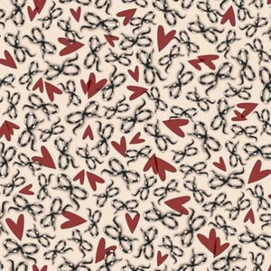 Peut inclure: Un motif sans couture composé de cœurs rouges et de nœuds de ruban noir et blanc sur un fond beige clair.