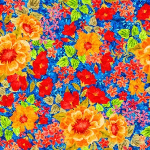 Peut inclure: Un motif floral vibrant avec des fleurs rouges, orange et jaunes sur un fond bleu. Les fleurs sont disposées de manière aléatoire et sont entourées de feuilles vertes.