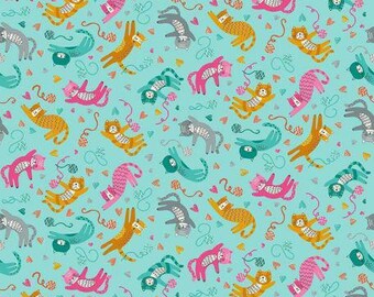 Patchwork fabric, 100% cotton, Makower, cat, heart, ball of wool, pink, ochre, turquoise, turquoise background, pattern 4 cm x 2.5 cm, REF 008/T