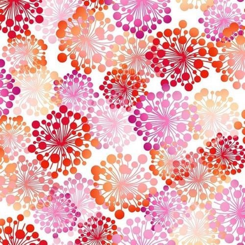 Patchwork fabric, 100% cotton, dandelion flower, yellow, red, pink, orange colors, white background, 6 cm pattern, REF GARDEN/R