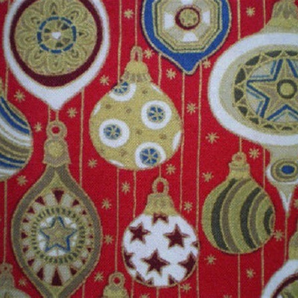 Tissu patchwork, boules de noël, fond rouge, 100% coton,  REF   BOULESN