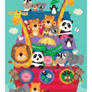 Op de afbeelding: Een kleurrijke illustratie van een rode boot vol dieren, waaronder een leeuw, een panda, een giraffe en een aap. De boot drijft op blauw water met witte golven. Een regenboog is zichtbaar in de lucht boven de boot.