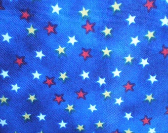 Patchwork fabric, QT, small yellow stars, white, red, slightly nuanced blue background, 100% cotton, REF 24408B