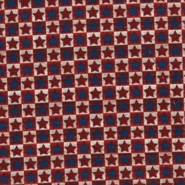 Tissu patchwork, imprimé  américain ,coloris rouge, bleu, beige,  étoiles dans petits carreaux, 100% coton, REF  1123/0611