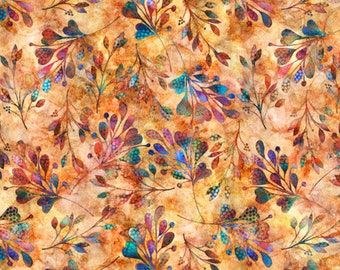 Sale coupon, patchwork fabric, 0.20 cm, 100% cotton, QT, multi-colored leaf fragments, shaded orange-beige background, REF PERIW/6632