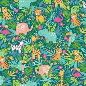 Op de afbeelding: Een teal achtergrond met een herhalend patroon van jungledieren en planten. De dieren omvatten een zebra, giraffe, olifant, nijlpaard, tijger, toekan, leeuw en flamingo. De planten omvatten palmbladeren, varens en bloemen.
