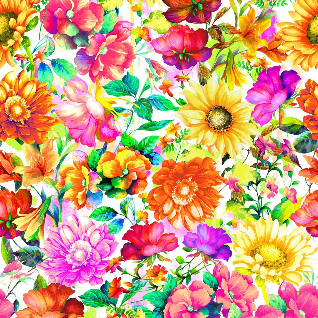 Patchwork Fabric, Multicolored Country Flowers, White Background, 100% ...