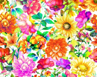 Patchwork fabric, multicolored country flowers, white background, 100% cotton, REF FANTAZY