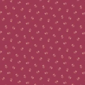 Könnte beinhalten: Ein nahtloses Muster mit kleinen, hellbeige floralen Zweigen, die auf einem tiefroten Hintergrund verstreut sind. Die floralen Elemente sind gleichmäßig verteilt und erzeugen ein konsistentes und ansprechendes Design. Geeignet für verschiedene Bastelprojekte.