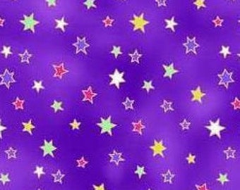 Patchwork fabric, Laurel Burch, stars in blue, green, red, white, yellow, nuanced purple background, 100% cotton, REF CM/2291